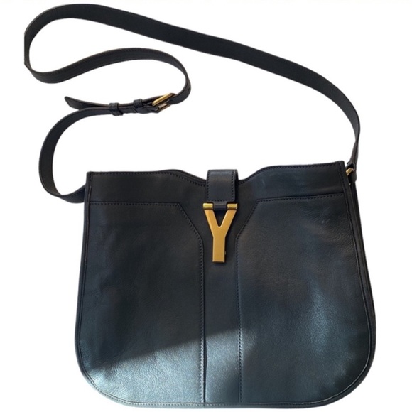 YSL Ligne Gray Yves St Laurent Shoulder Bag Card Compartments Brass-Tone Y Purse - Picture 11 of 11